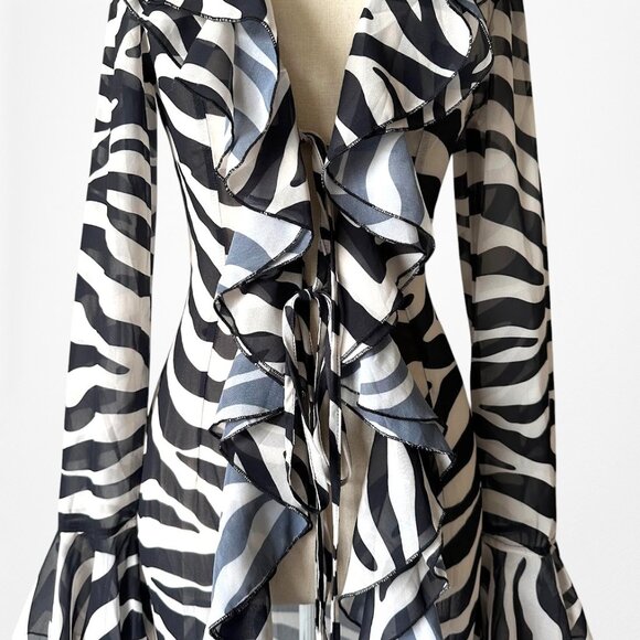 Black White Zebra Print Long Bell Sleeves Ruffle Maxi Cardigan Dress Size S - Picture 5 of 9